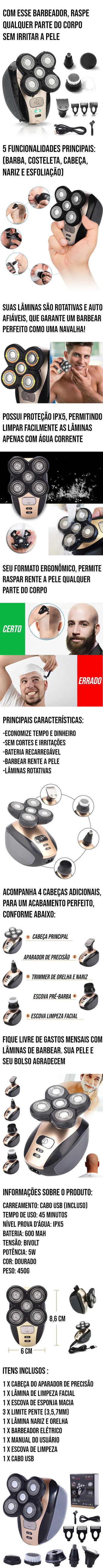 Barbeador Elétrico 5 em 1 com lâminas rotativas e autoafiáveis, proteção IPX5 e design ergonômico