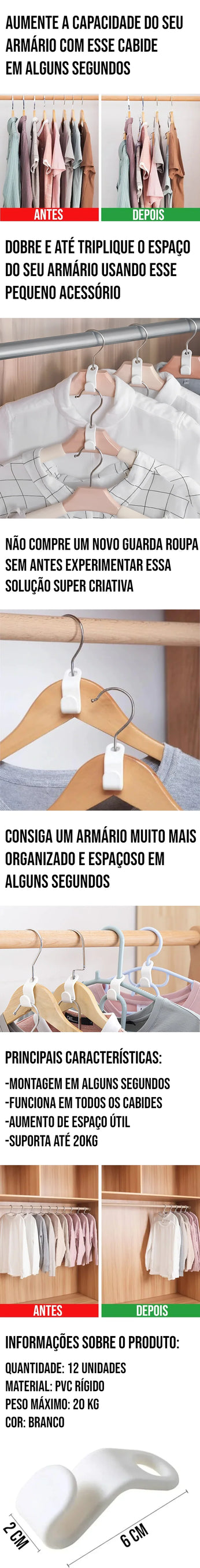 Cabide Aumentador de Espaço para Guarda Roupa, com capacidade para 2 a 3 cabides no lugar de um, ideal para organizar roupas e acessórios