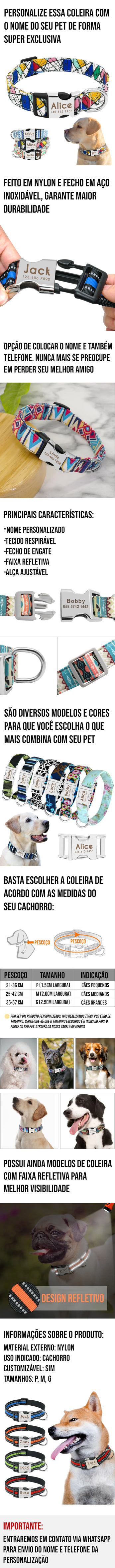 Coleira para Pet Personalizável, feita em nylon com fecho de aço inoxidável, personalizável com nome e telefone, disponível em várias cores