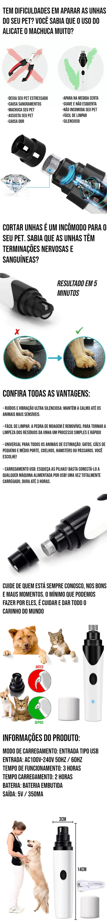 Cortador de Unha de Cachorros e Gatos USB, seguro e confortável, ideal para pets de todos os tamanhos