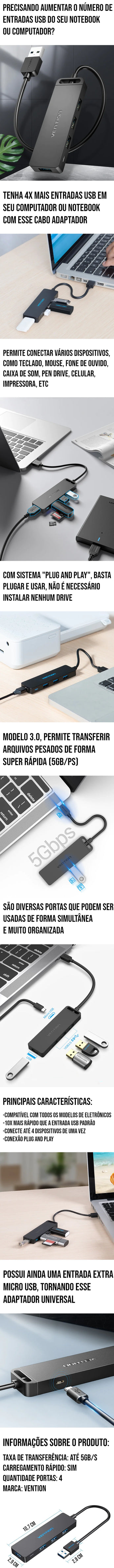 Hub Adaptador 4 Portas USB 3.0, com entrada extra tipo C, ideal para notebooks e computadores, permite conexão simultânea de múltiplos dispositivos