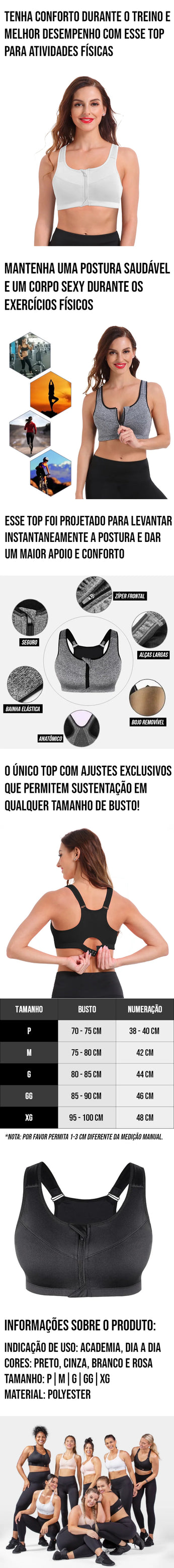 Top de sustentação com bojo removível e reforçado, ideal para atividades físicas