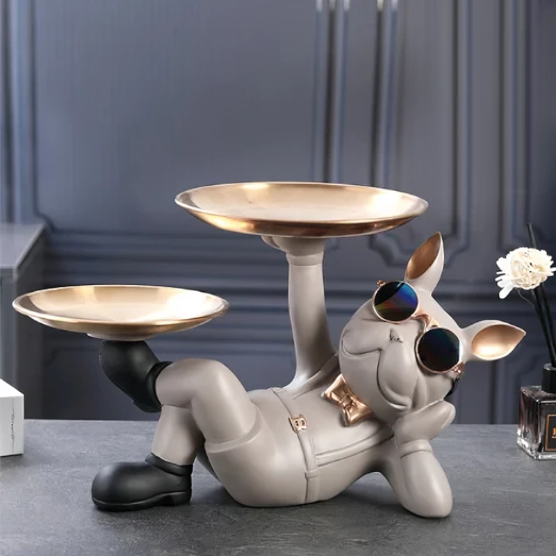 Estátua Decorativa Bulldog Francês, feita em resina epóxi, porta-objetos prático e elegante para decoração de ambientes