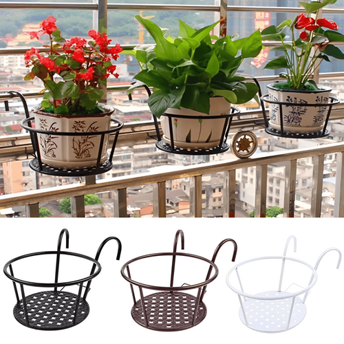 Suporte para vasos de plantas, resistente, de ferro, com instalação sem furos e design suspenso para varandas e jardins