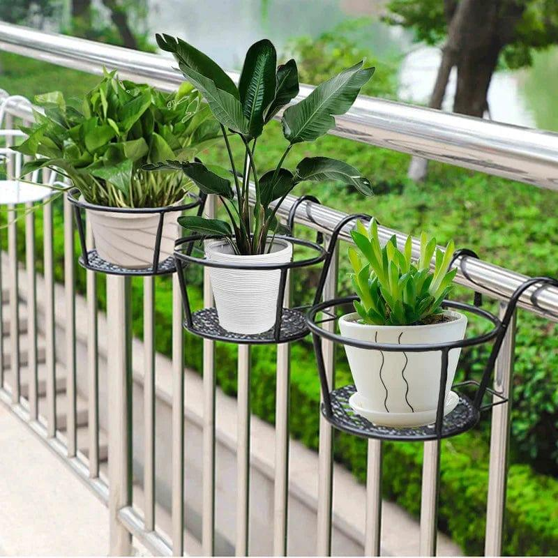 Suporte para vasos de plantas, resistente, de ferro, com instalação sem furos e design suspenso para varandas e jardins