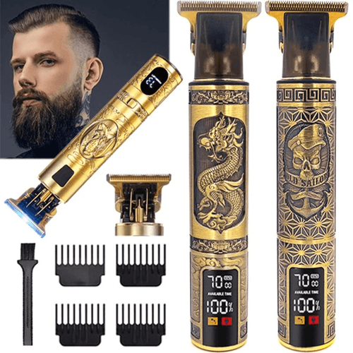 Aparador de barba e cabelo dourado com 4 pentes ajustáveis