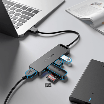 Hub Adaptador 4 Portas USB 3.0, com entrada extra tipo C, ideal para notebooks e computadores, permite conexão simultânea de múltiplos dispositivos