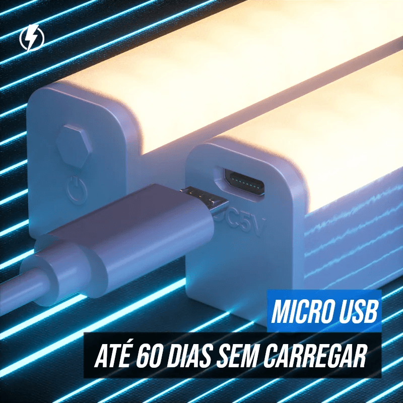 Iluminação em LED com sensor de movimento, recarregável via USB, fácil instalação e dois modos de luminosidade