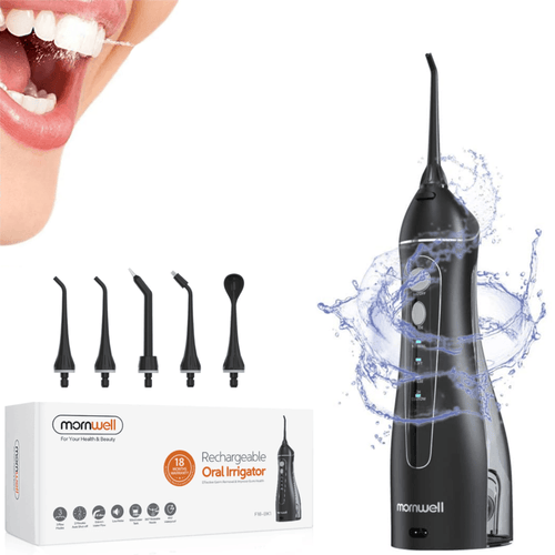 Irrigador Oral Mornwell com 5 bocais e 3 velocidades de jato, ideal para uma limpeza bucal profunda e eficaz