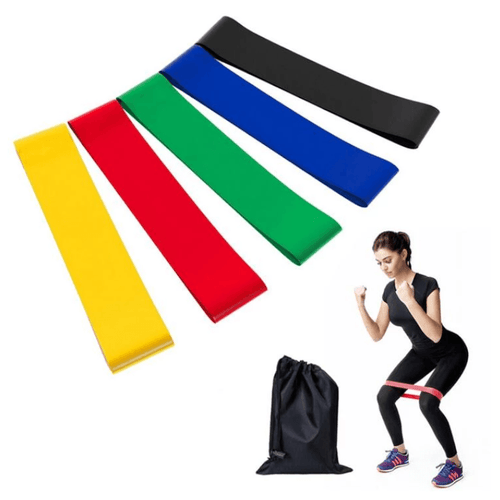 Kit 5 Faixas Elásticas Thera Band com diferentes níveis de intensidade, ideal para exercícios de resistência e flexibilidade