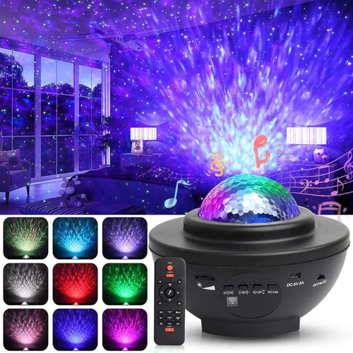 Luminária Projetor de Estrelas e Nebulosas Galaxy com efeitos de luzes e conexão Bluetooth.