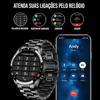 Smartwatch de Luxo - Modern Iron com pulseira de aço inoxidável, resistente à água, chamadas Bluetooth e controle de música