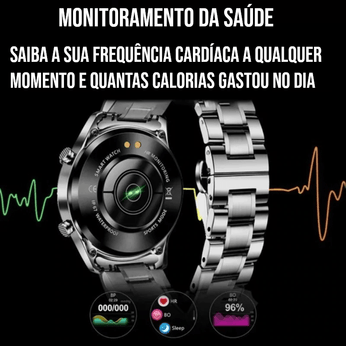 Smartwatch de Luxo - Modern Iron com pulseira de aço inoxidável, resistente à água, chamadas Bluetooth e controle de música