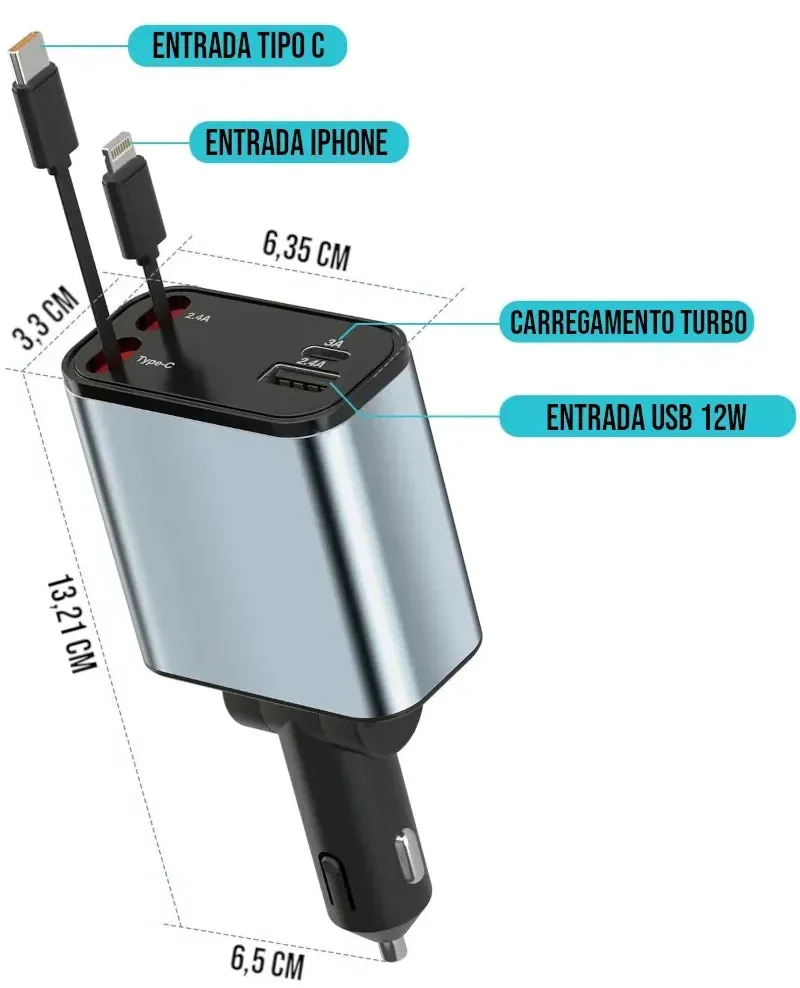 Carregador Veicular 4 em 1 Turbo Universal para Carro
