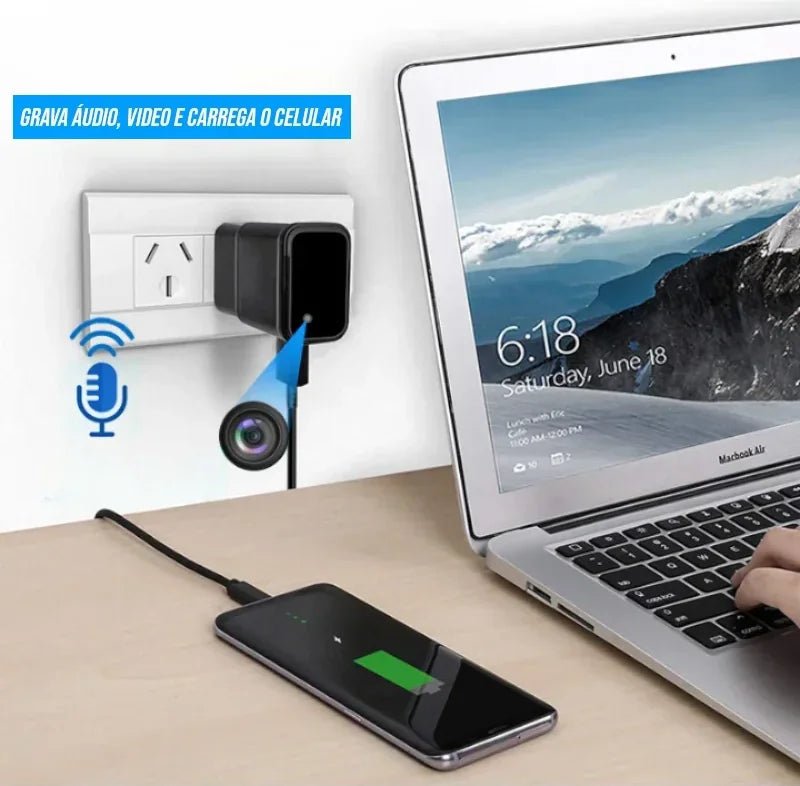 Carregador de Celular com Câmera Wifi Full HD