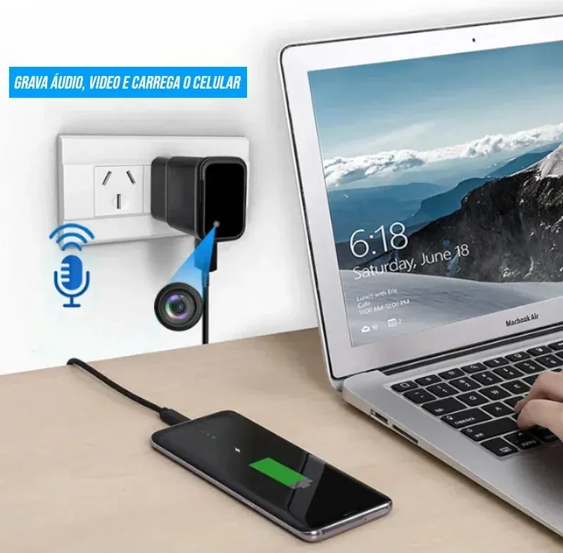 Carregador de Celular com Câmera Wifi Full HD