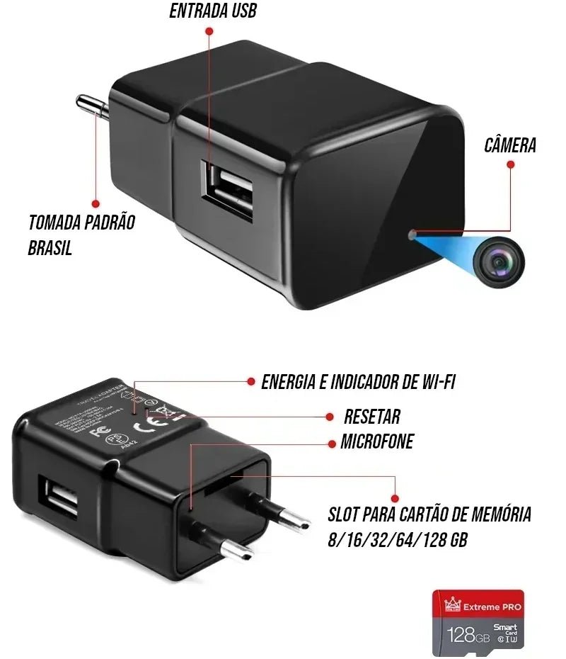 Carregador de Celular com Câmera Wifi Full HD