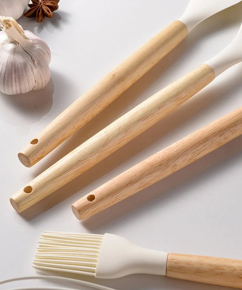 Kit Utensílios Silicone com Cabo de Madeira com 12 Peças