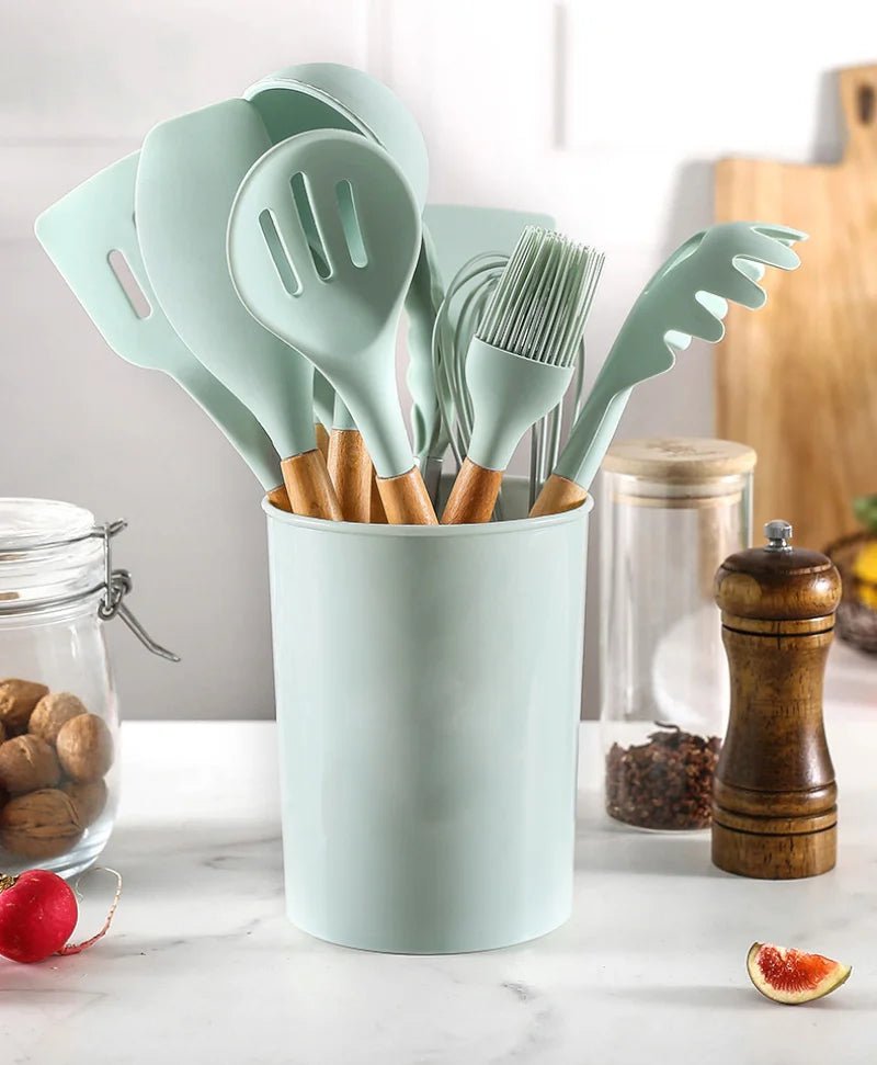 Kit Utensílios Silicone com Cabo de Madeira com 12 Peças