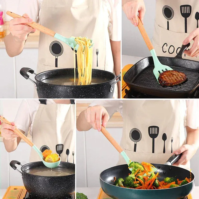 Kit Utensílios Silicone com Cabo de Madeira com 12 Peças