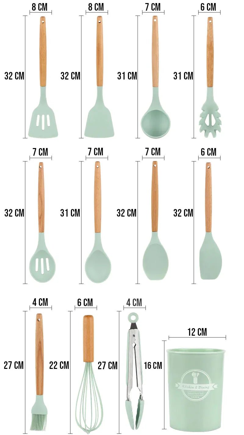 Kit Utensílios Silicone com Cabo de Madeira com 12 Peças