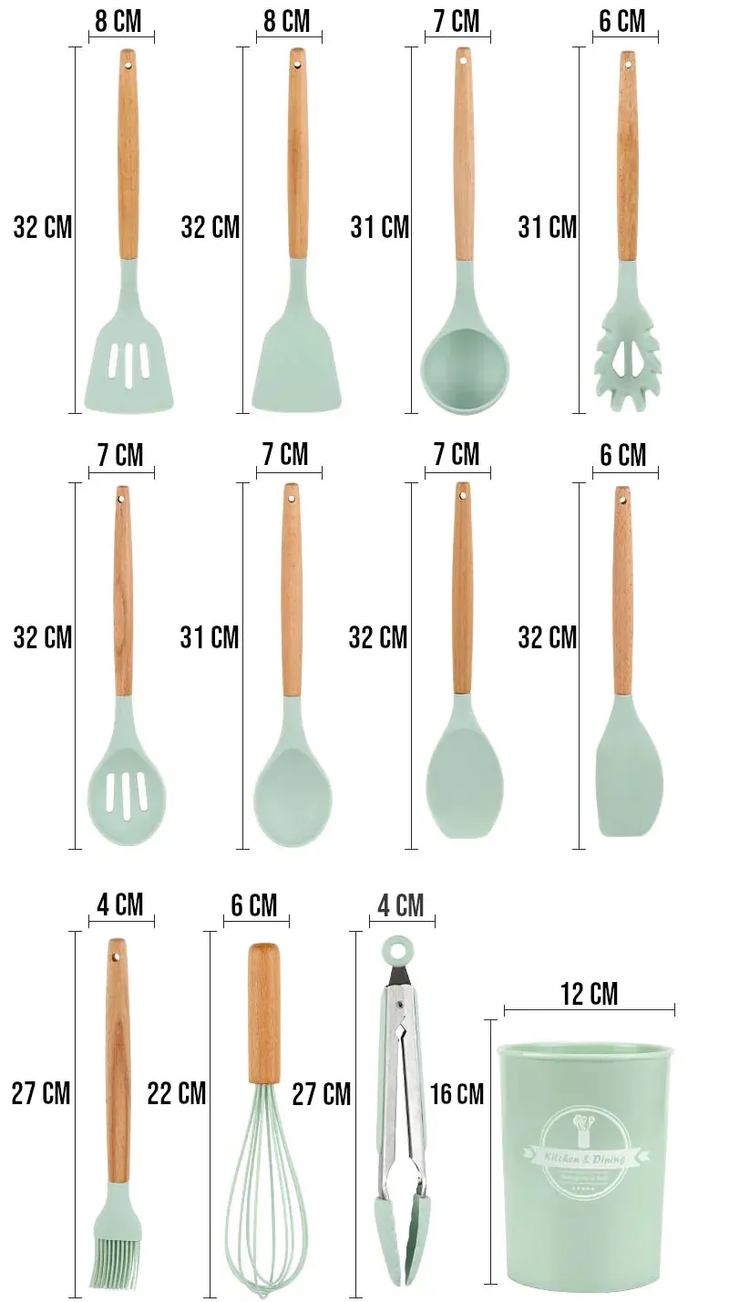 Kit Utensílios Silicone com Cabo de Madeira com 12 Peças