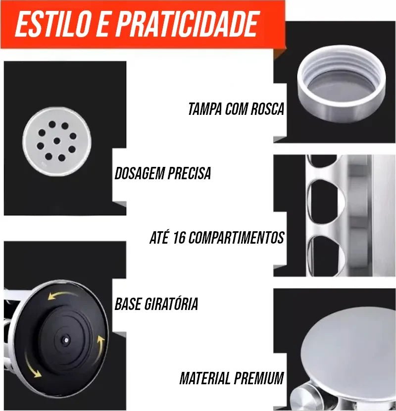 Porta Temperos e Condimentos Giratório em Inox