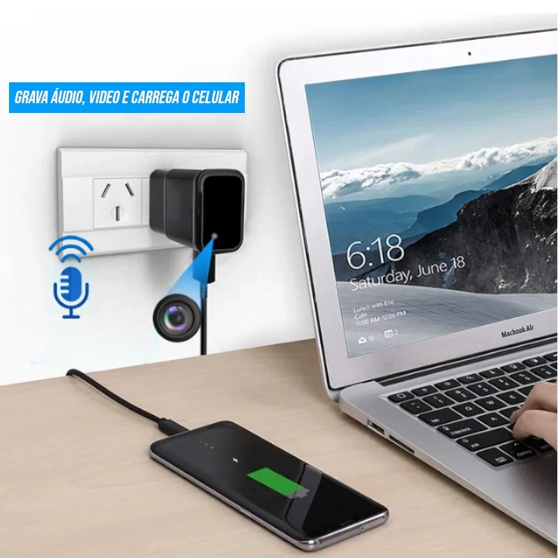 Carregador de Celular com Câmera Wifi Full HD