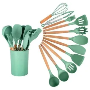 Kit Utensílios Silicone com Cabo de Madeira com 12 Peças