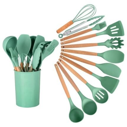 Kit Utensílios Silicone com Cabo de Madeira com 12 Peças