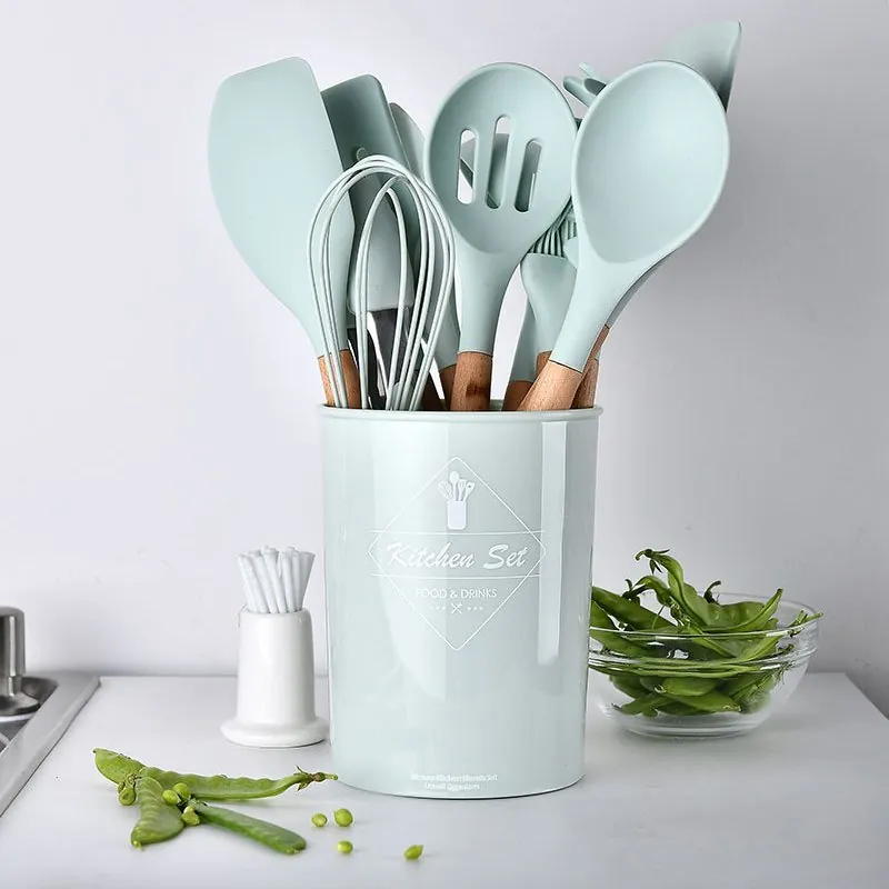 Kit Utensílios Silicone com Cabo de Madeira com 12 Peças