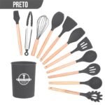 Kit Utensílios Silicone com Cabo de Madeira com 12 Peças