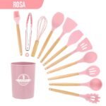 Kit Utensílios Silicone com Cabo de Madeira com 12 Peças