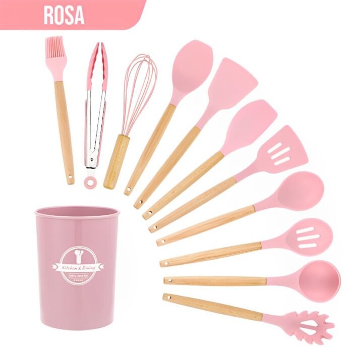 Kit Utensílios Silicone com Cabo de Madeira com 12 Peças