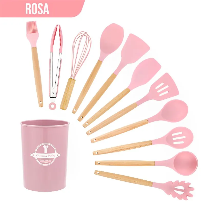 Kit Utensílios Silicone com Cabo de Madeira com 12 Peças