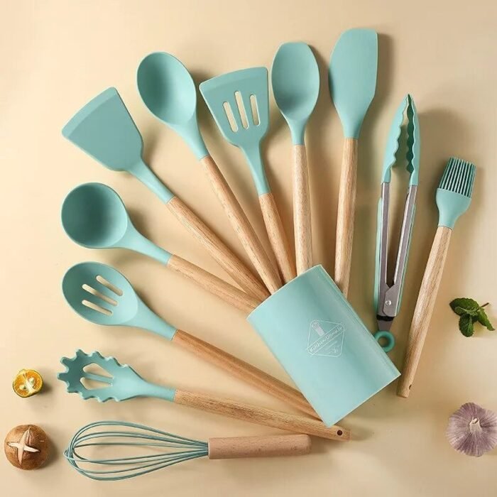 Kit Utensílios Silicone com Cabo de Madeira com 12 Peças