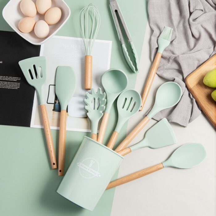 Kit Utensílios Silicone com Cabo de Madeira com 12 Peças