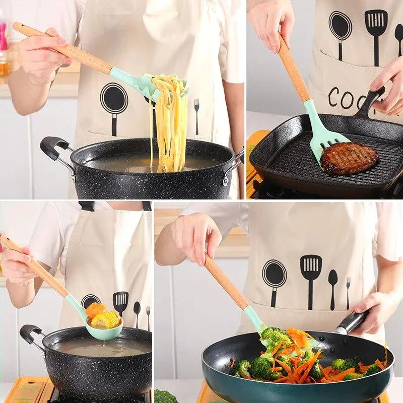 Kit Utensílios Silicone com Cabo de Madeira com 12 Peças