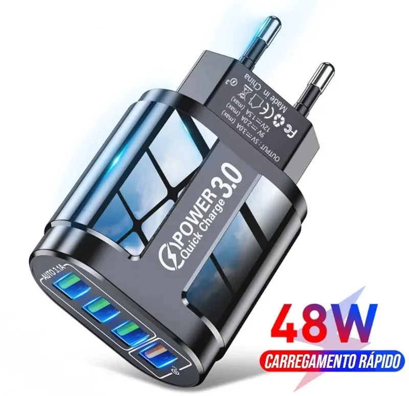 Carregador Rápido USB com 4 Portas Bivolt
