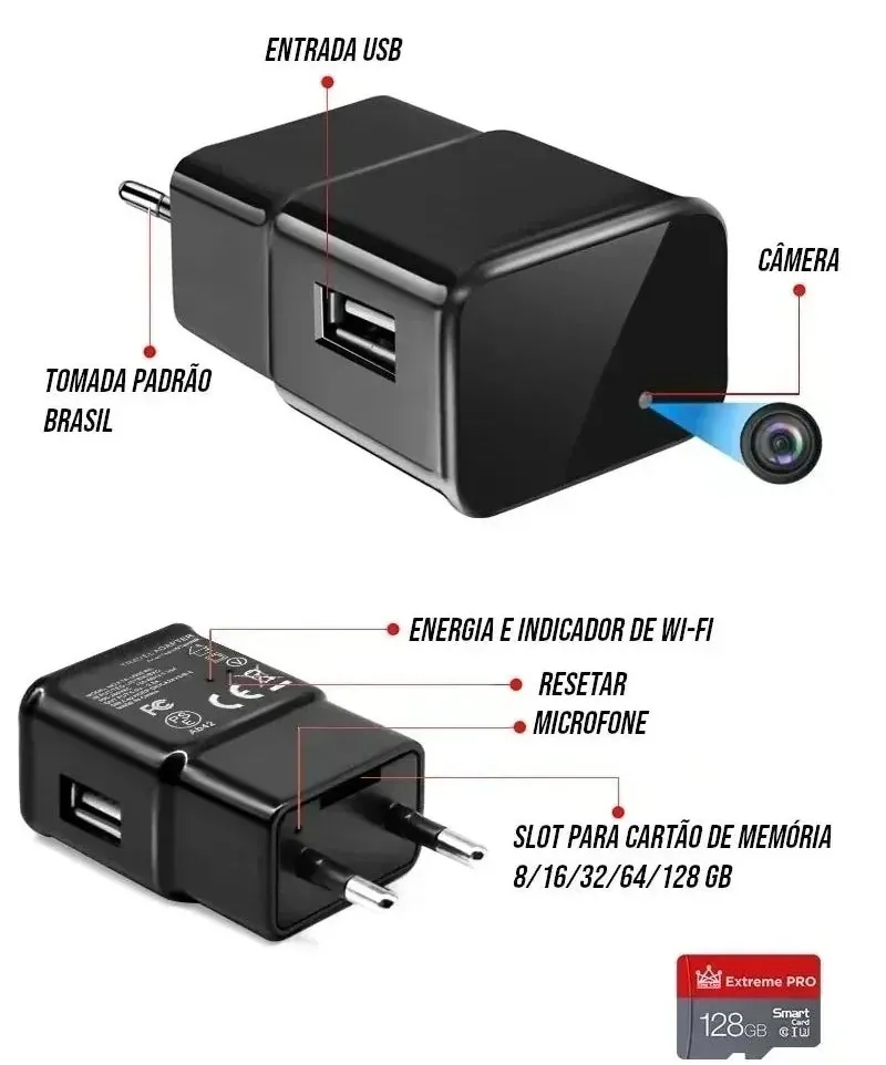 Carregador de Celular com Câmera Wifi Full HD