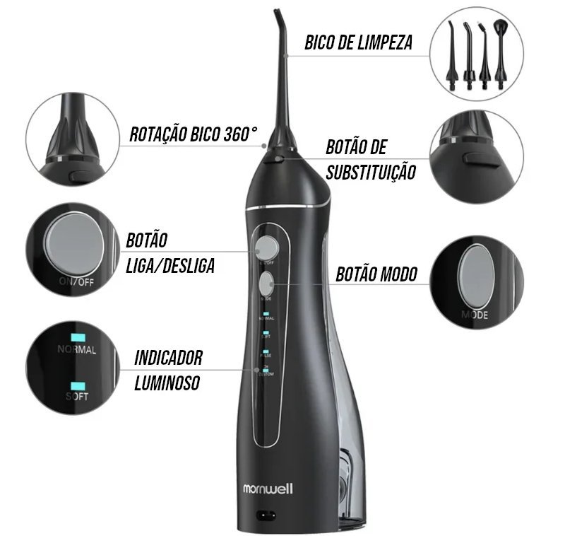 Irrigador Oral Portátil 200ml com 5 Bicos USB