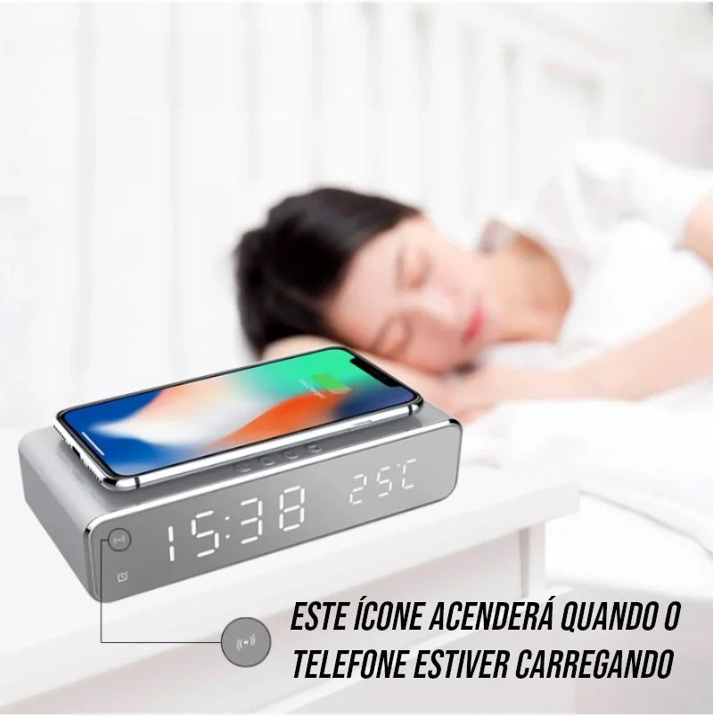 Relógio Digital com Despertador e Carregador Sem Fio