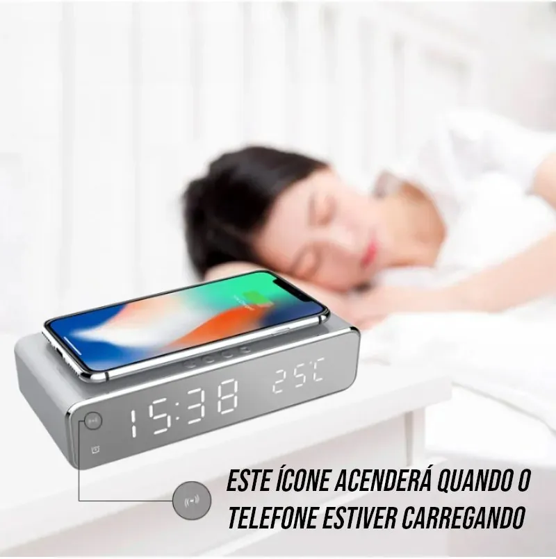 Relógio Digital com Despertador e Carregador Sem Fio