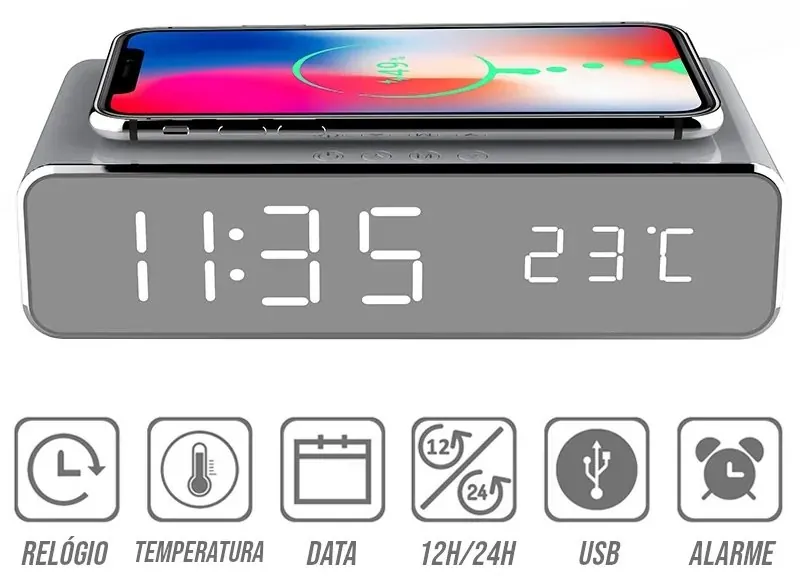 Relógio Digital com Despertador e Carregador Sem Fio