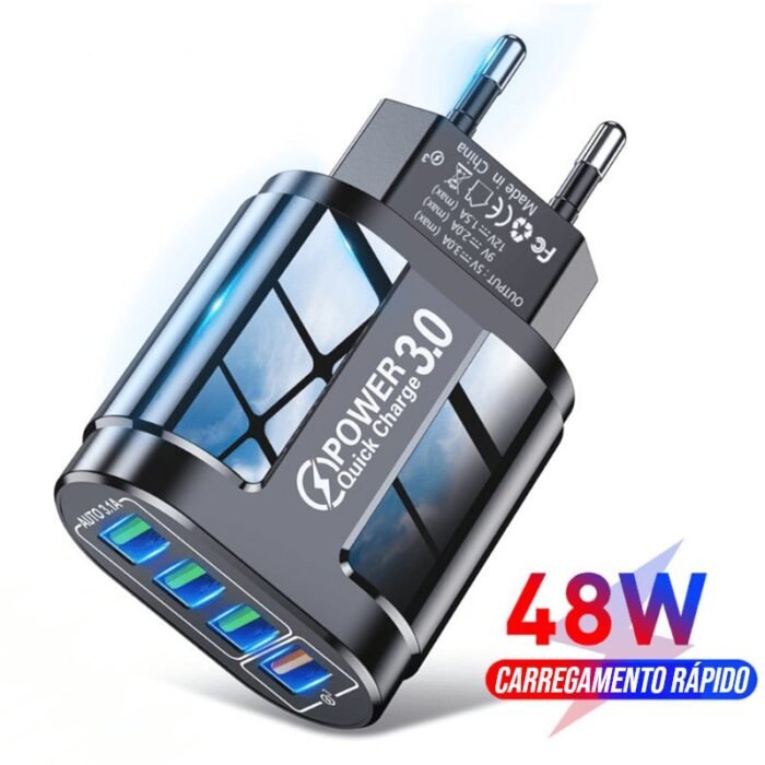 Carregador Rápido USB com 4 Portas Bivolt