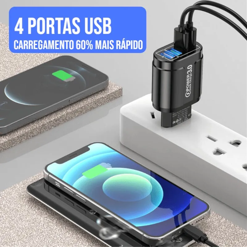 Carregador Rápido USB com 4 Portas Bivolt