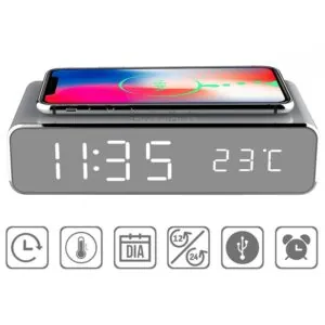 Relógio Digital com Despertador e Carregador Sem Fio