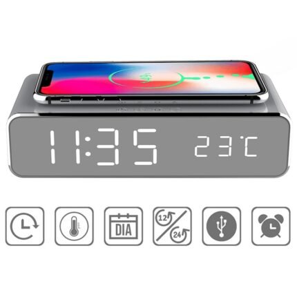 Relógio Digital com Despertador e Carregador Sem Fio