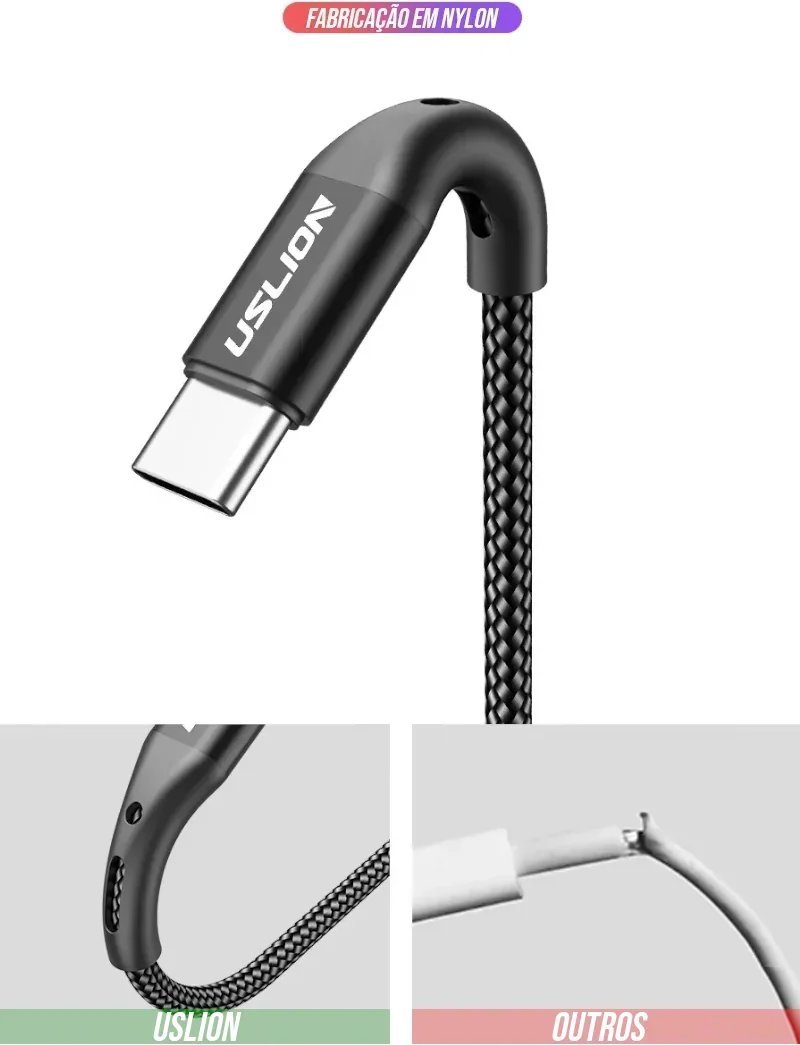 Cabo USB Tipo C 3 Metros Nylon com Carregamento Rápido
