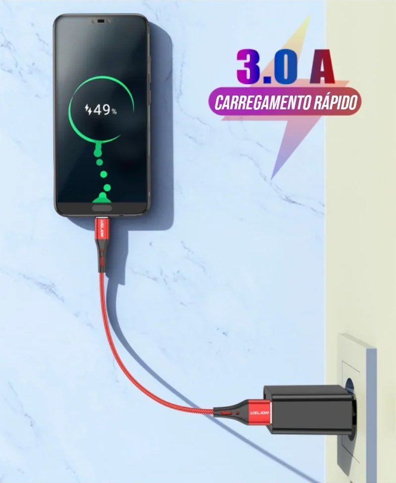 Cabo USB Tipo C 3 Metros Nylon com Carregamento Rápido